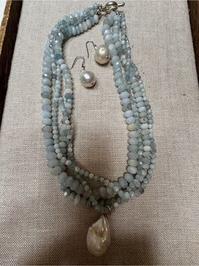 Gorgeous Aquamarine Faceted Bead Necklace with Baroque Pearl Pendant/Earring Set